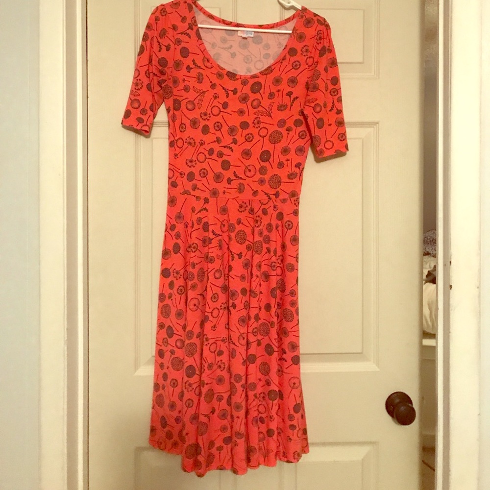 LuLaRoe S Nicole Dress - Coral Dandelion print.